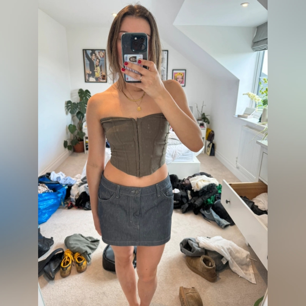 Olive Green Corset Top and Gray Denim Skirt